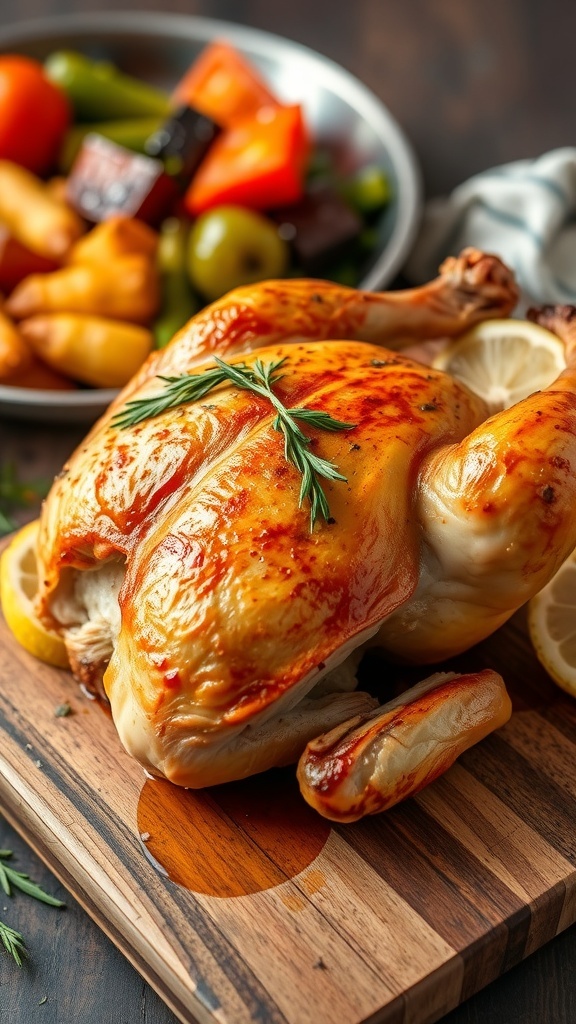 Oven-baked half chicken with crispy skin and lemon wedges on a wooden board.